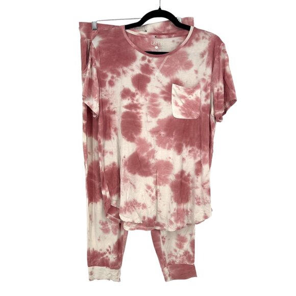 Lates By Kate Tie-Dye Lounge Pajama Set Short Sleeve Modal Pink Cream Size Large - Picture 1 of 13